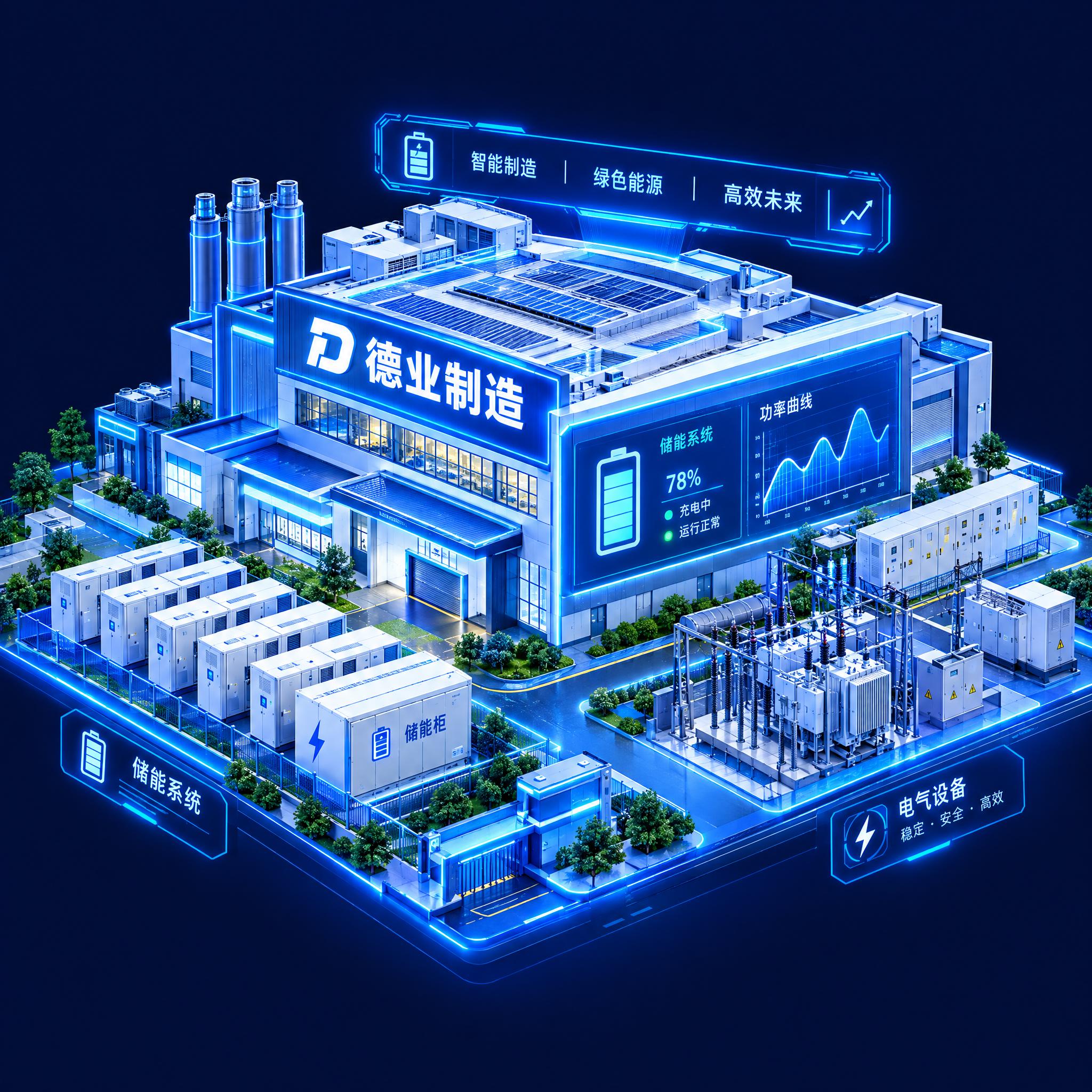 德业制造智能工厂3D等距效果图，蓝色科技发光风格，工厂主体建筑… - 图片创意预览