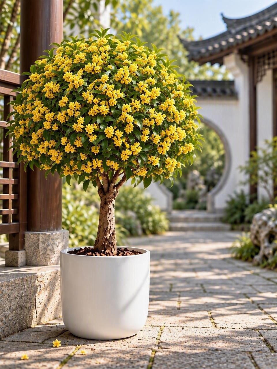 将图中桂花盆栽的花朵替换成参考图image2中的花朵样式：花朵… - 图片创意预览