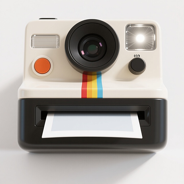 白色背景下的复古拍立得相机，米白色机身，黑色圆形镜头位于中央，右侧有闪光灯和黑色按钮，左侧有橙色圆形快门按钮和透明闪光灯窗，机身正面中间有一条彩色条纹（红、黄、蓝），底部有一张白色相纸正从相机中吐出，整体呈现3D渲染效果，光线柔和均匀，高光细节清晰，阴影自然过渡，物体边缘锐利，质感光滑，色彩鲜明且和谐，构图居中对称，视觉焦点突出。