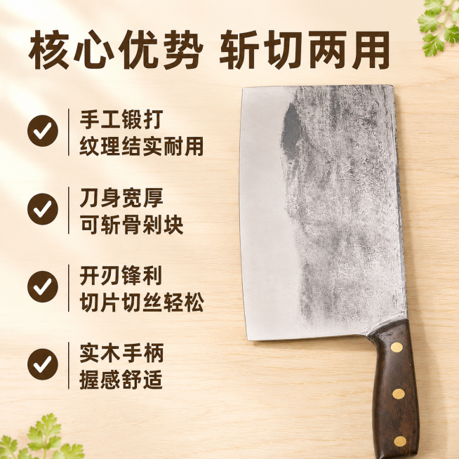 「图片1」「图片1」「图片1」「图片1」「图片1」，生成一套主图（5张），商品名称是锻打斩切一体刀，风格是厨房风格，适配拼多多平台，主图比例为1:1预览效果