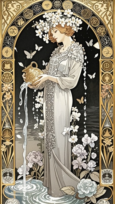 女神手里拿着陶罐倒水站在画面中间，繁花环绕着预览效果