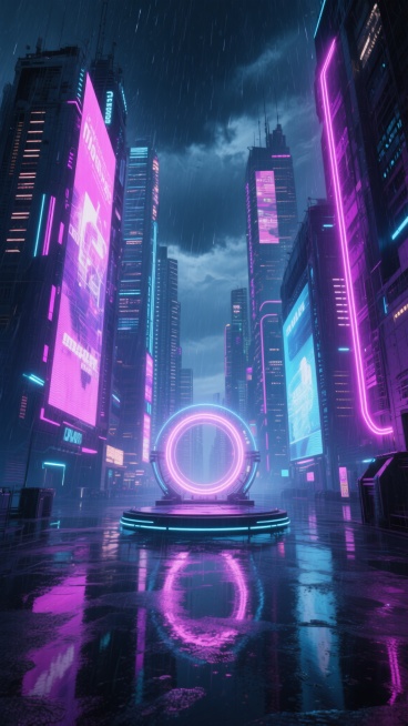 未来感十足的赛博朋克游戏场景，雨夜笼罩下的未来都市，高耸入云的摩天大楼林立两侧，建筑表面布满巨大的全息广告牌和闪烁的霓虹灯管，以粉色、紫色和蓝色为主色调，光线在湿漉漉的地面上形成明亮的倒影，中央是一个带有圆形霓虹光环的平台，天空中乌云密布，雨滴垂直落下，营造出神秘而繁华的氛围，整体采用3D渲染风格，光影对比强烈，细节丰富，具有强烈的视觉冲击力和沉浸感。预览效果