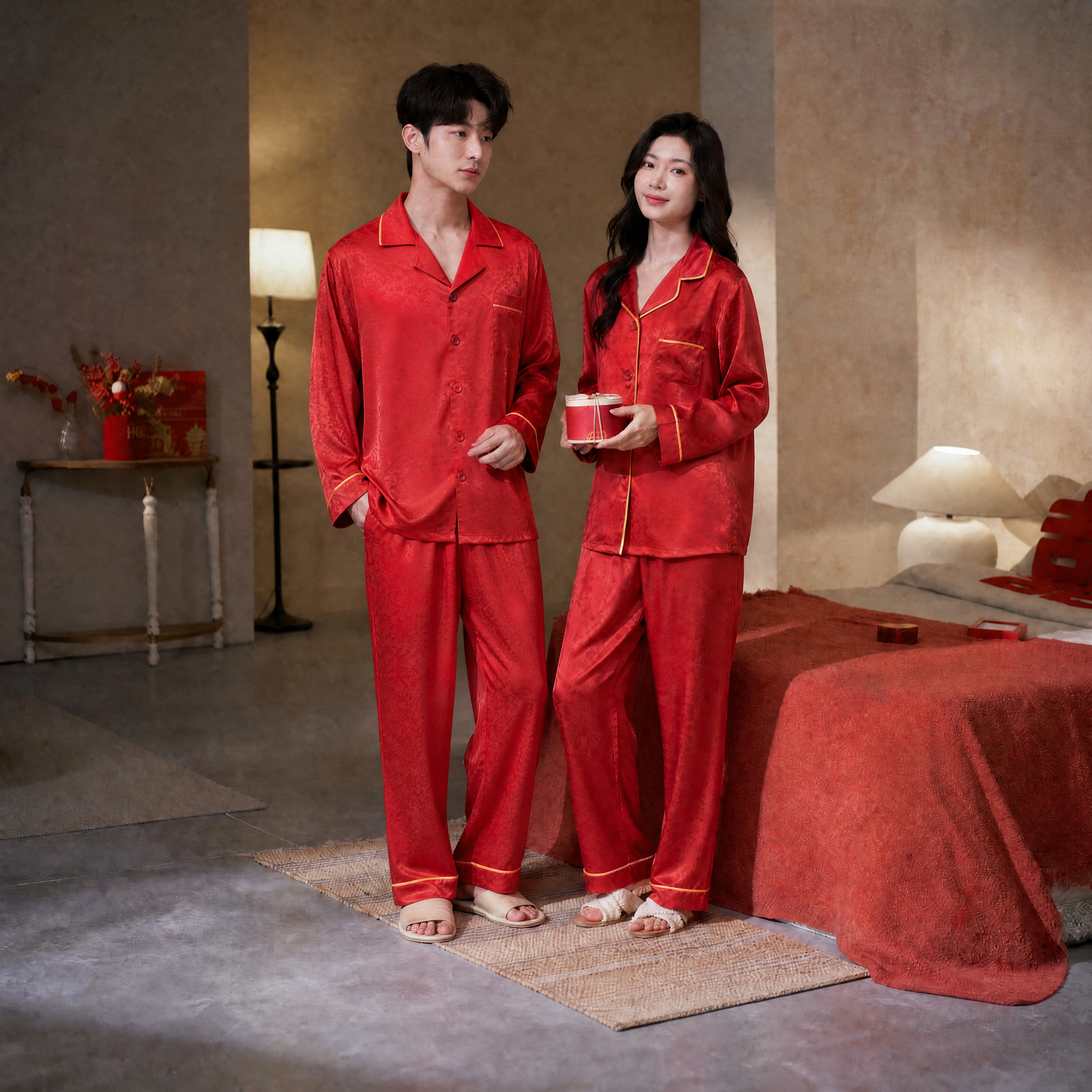 将图1中男模特的衣服替换成图2中男模特的红色祥云暗纹冰丝睡衣，… - 图片创意预览