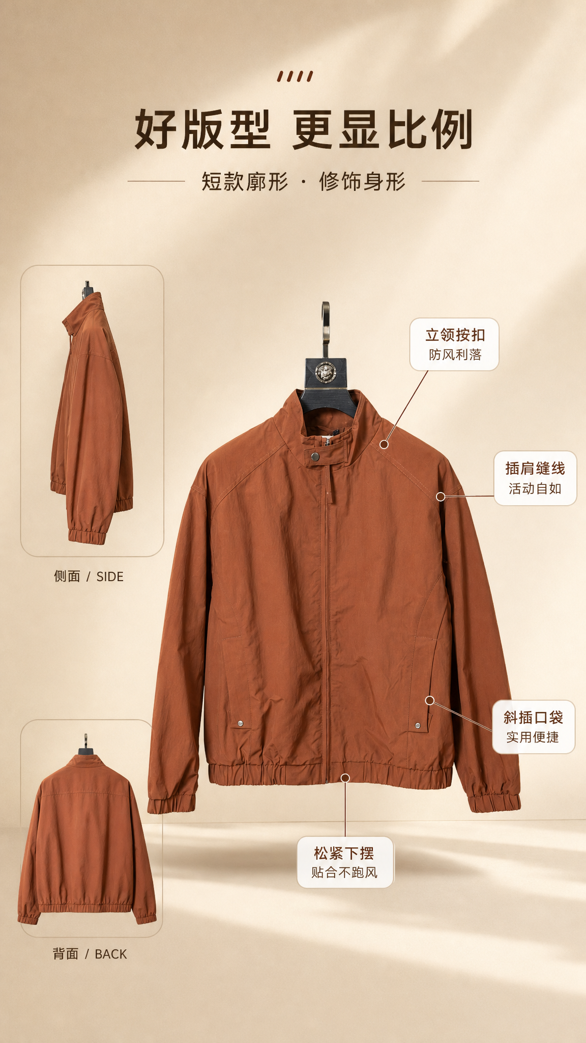 [第3张] 详情页版型解析页-焦糖棕立领短款夹克多角度廓形展示… - 图片创意预览