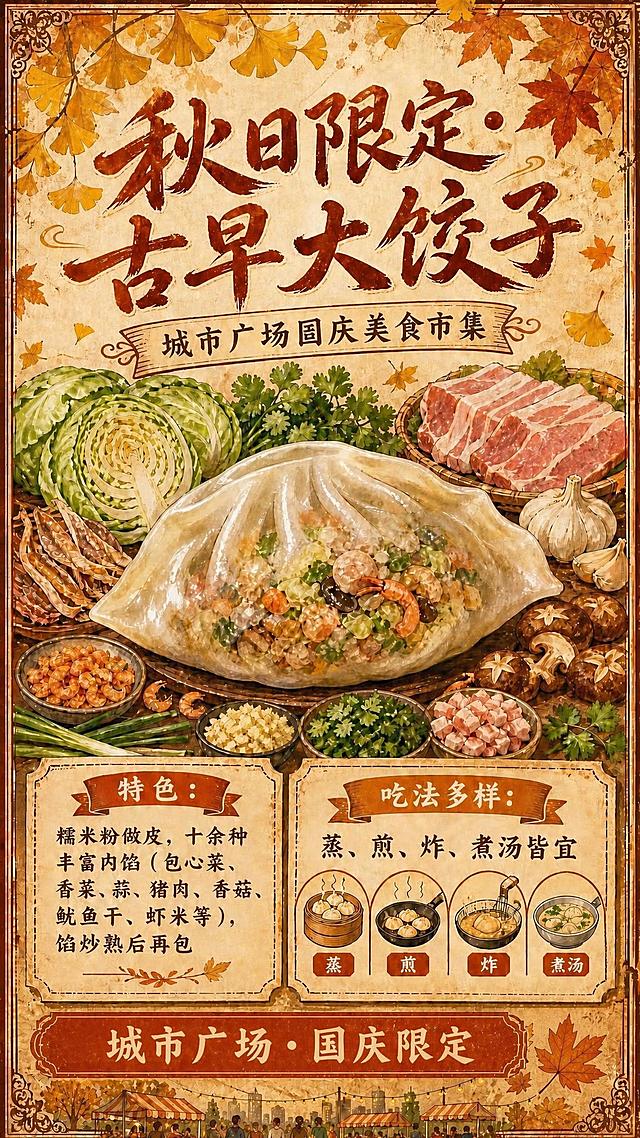 保持整张海报的手绘复古风格、暖秋色调、所有食材插画、特色与吃法卡片内容、顶部主副标题、底部市集插画及所有装饰元素完全不变。仅调整画面最底部红色横幅中的文字"城市广场·国庆限定"，使其在红色横幅内水平居中对齐，文字大小和样式保持不变。其余所有画面内容、构图、色彩、元素均保持原样。