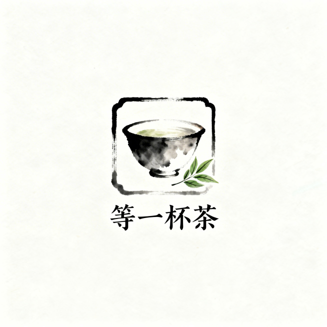 中国风logo设计，店铺名称“等一杯茶”，整体唯美，呈现中国传统茶文化，正方形居中排版，水墨意境，茶盏茶叶元素，雅致简约预览效果
