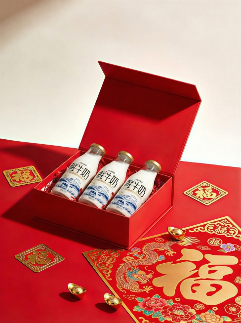 将图1的牛奶放入图2的红色礼盒中 适应盒子调整大小并保留山水牧场图案预览效果