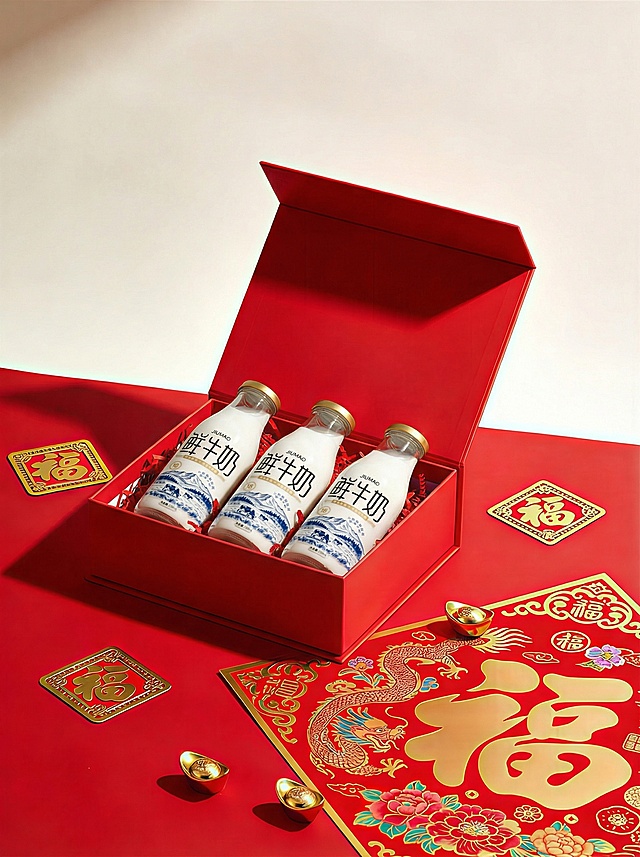 将图1的牛奶放入图2的红色礼盒中 适应盒子调整大小并保留山水牧场图案