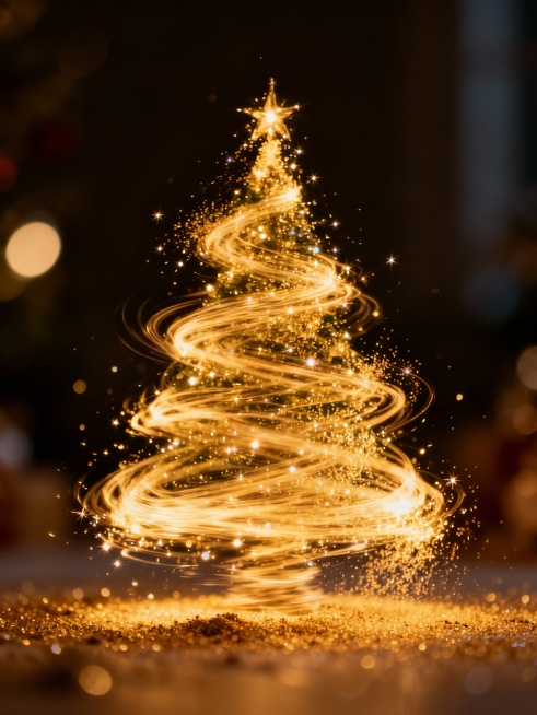 golden magical particles swirling in darkness, forming the shape of a Christmas tree, soft glowing l预览效果