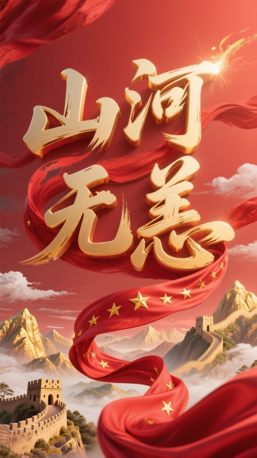 红色背景。主标题笔触飘逸的金色艺术字“山河无恙”，一条突出的动态感强的红色绸布（表面凸显金色星星）贯穿缠绕文字，金色山脉、长城穿插其在文字周围。预览效果