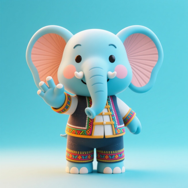 一个浅蓝色小象卡通表情包，身体圆润可爱，大大的扇子状耳朵，双手各三根小手指，穿着具有民族特色的彩色刺绣服饰，正举起右手做拍照手势，左手自然下垂，表情呆萌，背景为纯色浅蓝3D素材预览效果