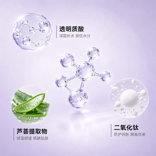 [主图-2] BB霜核心成分解析图
[氛围风格] 简约科研感，成分可视化
[画质] 清晰专业，干净通透，高级美妆科研风格
[元素] 画面展示三大核心成分，中央悬浮高清3D分子结构：左上角为透明凝胶状透预览效果