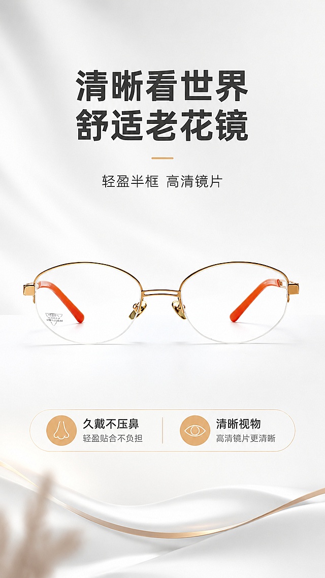 [第1屏] 京东平台老花镜详情页主视觉KV，本屏使用【图1】作为商品主体。
[氛围/风格] 简约专业的中老年用品风格，简洁大气，京东电商风格，商业摄影质感，清晰通透。
[元素布局] 老花镜居中展示，占比约65%，产品的半框结构、金色镜框、橙色镜腿、透明镜片与输入产品图保持完全一致；上方预留主标题区域，下方点缀简约装饰元素，整体干净清爽，突出产品本身。
[光影质感] 正面均匀柔光，自然阴影，产品轮廓清晰，镜框金属质感和镜腿磨砂质感真实还原。
[配色色系] 全局底色 #F5F5F5，主色金色+橙色，辅助色浅灰调文字，整体简约高级。
[视角构图] 正面平视，产品为绝对视觉中心，从上到下的阅读动线：主标题区 → 产品主体 → 底部卖点区。
[文字版式] 顶部主标题「清晰看世界 舒适老花镜」，副标题「轻盈半框 高清镜片」，底部用两个信息条标注核心卖点「久戴不压鼻」「清晰视物」，文字清晰不遮挡产品，字体简洁无衬线，主标题加粗醒目。
[比例分辨率] 9:16 竖版，4K分辨率，文字清晰可辨，高清画质。
[负向提示词] 镜框变形，颜色偏差，文字错乱，产品模糊，结构错误，多余装饰，水印，极限词。