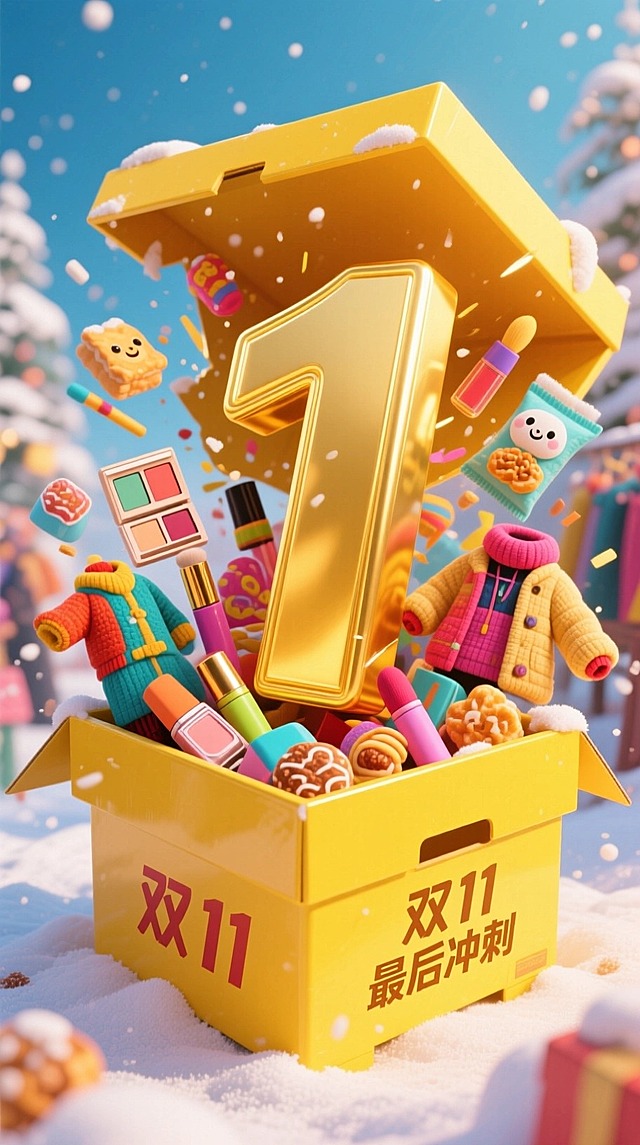 主体是一个黄色快递箱，箱内跳出巨大数字“1”表示倒计时，箱内有彩妆、秋冬服饰、零食等元素，画面营造出冬日购物氛围，最下方小字 “双11 最后冲刺”。