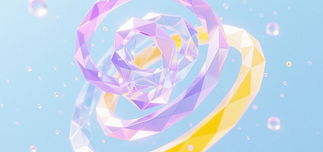 淡蓝色为主，辅以粉紫色与柠檬黄，立体螺旋曲线缠绕几何多面体，半透明水晶质感，发光粒子散布，现代UI界面背景