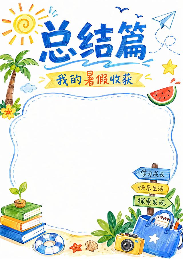 马克笔手绘风格，白底，总结篇页面，标题“总结篇”，预留暑假收获总结书写区域，标题下方配文案“我的暑假收获”，手绘夏日成长元素装饰，排版大气，马克笔风格，尺寸210*297