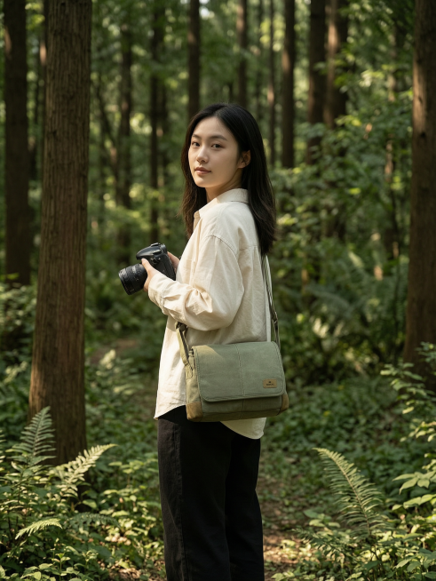 户外茂密森林场景，林间阳光斑驳树荫，东亚女性模特侧身回头，模特身高165cm，身穿米白色宽松衬衫黑色休闲裤，斜挎主体绿色复古相机包，该相机包款式参考上传图片，模特手持单反相机，自然清新日系风格，电影感预览效果