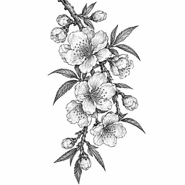 参考图中包装上的黑白铜版画/古典植物雕版线描风格，重新绘制一幅【桃花】的简笔画：竖版构图，一枝桃花自画面上方垂下，枝上花朵或盛开或含苞，配以尖细桃叶，花朵大而舒展、层次分明，用细密雕版排线刻画花瓣质感，纯白背景，黑白色调，无任何文字