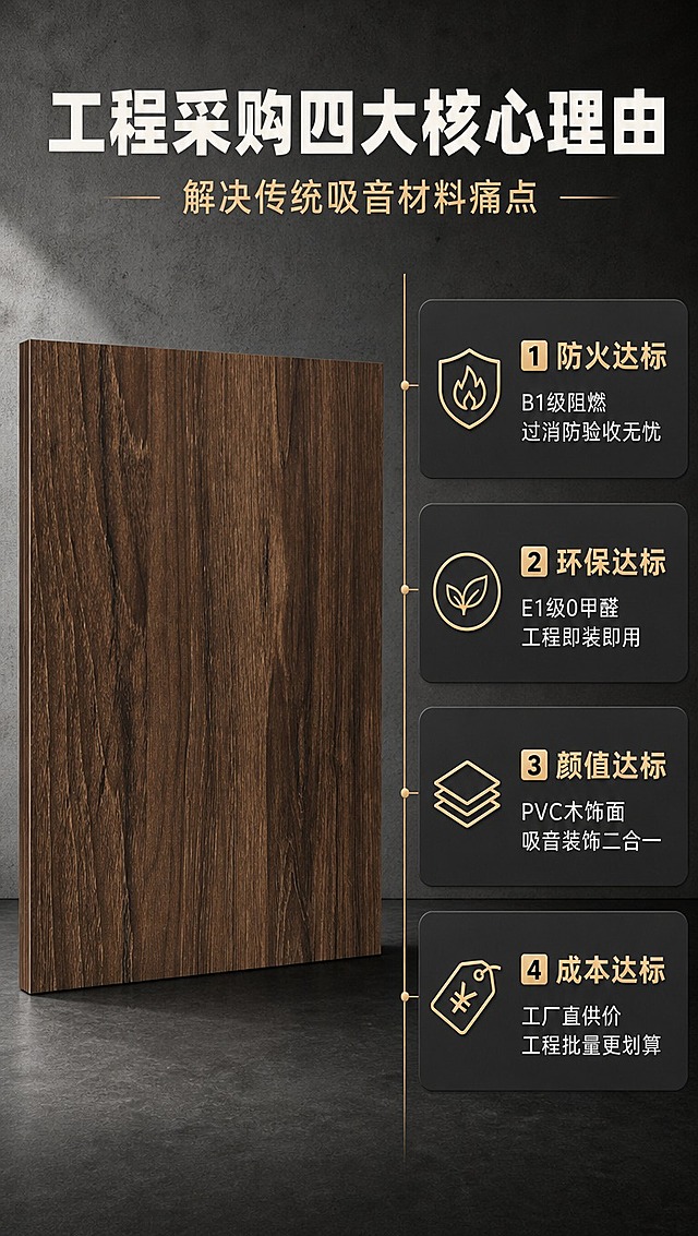 [商品] 使用【图2】木饰面聚酯纤维吸音板正面展示图；保留胡桃木色PVC木饰面完整纹理、板材方正外形；商品处理：去除背景杂物与手部，保留产品原貌，增强木纹清晰度和表面质感，不改变产品结构和颜色。
[画面] 第二屏采购理由介绍，目标是解决B端客户痛点，突出为什么选我们。左侧产品正面大图占40%，右侧上下排列4组对比式采购理由；背景为深灰色工业风，中间有竖向分割线区分产品与文案区。
[视觉] 套系策略：风格=沉稳大气B端工业风商业摄影；标题字=粗黑无衬线黑体；正文字=简洁无衬线中黑体；主色=深炭灰+胡桃木棕；背景延展=深炭灰渐变到中灰，带细腻水泥质感纹理；强调色=暖金色，仅用于小面积图标、引线和重点标签；标题色=米白色；正文色=浅灰色；组件=深色圆角信息卡、细金色引线、线性图标；光影=左前侧硬柔光，突出木纹质感。
[文字] 顶部主标题"工程采购四大核心理由"，副标题"解决传统吸音材料痛点"；右侧4组理由卡：1.「防火达标」B1级阻燃 过消防验收无忧；2.「环保达标」E1级0甲醛 工程即装即用；3.「颜值达标」PVC木饰面 吸音装饰二合一；4.「成本达标」工厂直供价 工程批量更划算；每组配对应图标，文字全部横排。
[规格] 图片比例9:16竖版，4K分辨率，避免变形、错字、文字过小、冷蓝背景、产品颜色改变、结构失真、极限词。