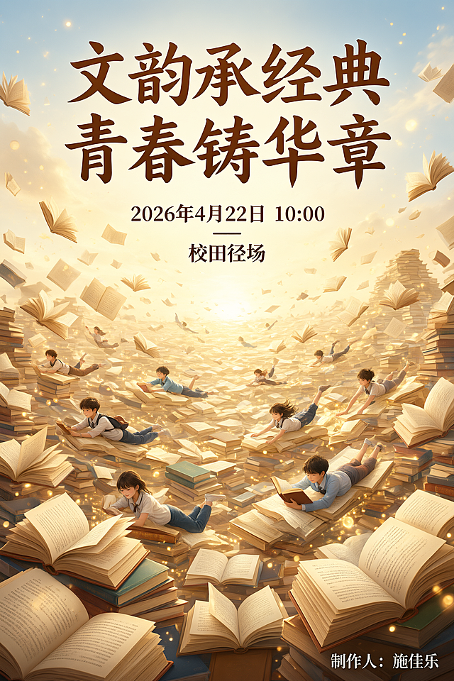 学校读书节活动海报，竖版构图，梦幻唯美风格，色调温暖，阳光明媚，超高清细节。画面主体：学生们在由无数书籍组成的书海中遨游，沉浸在知识的海洋中，周围漂浮着书页、文字与金色光斑，充满诗意与想象力。海报顶部大标题：“文韵承经典 青春铸华章”。海报中部标注活动信息：“2026年4月22日 10:00 校田径场”。右下角署名：“制作人：施佳乐”。整体氛围青春洋溢、书香浓郁、温暖治愈，画面精致细腻，光影柔和。