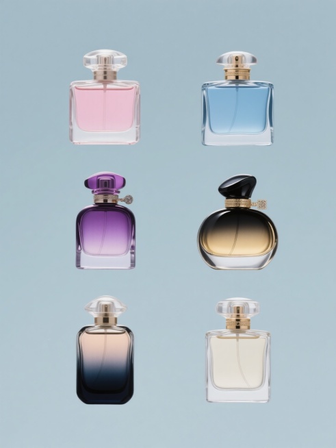 6款不同造型的香水瓶系列素材集合，规整排布于纯色背景上，保持原图像中香水瓶的核心内容与透明玻璃质感，变换各瓶身的色彩（如粉、紫、蓝、金、黑、透明渐变等）及部分造型细节（如瓶盖形状、瓶身弧度、装饰元素），整体呈现简洁、现代的设计感，无任何文字、LOGO、二维码及多余信息，视觉层次清晰，色彩明快，适合作为香水系列宣传素材。预览效果