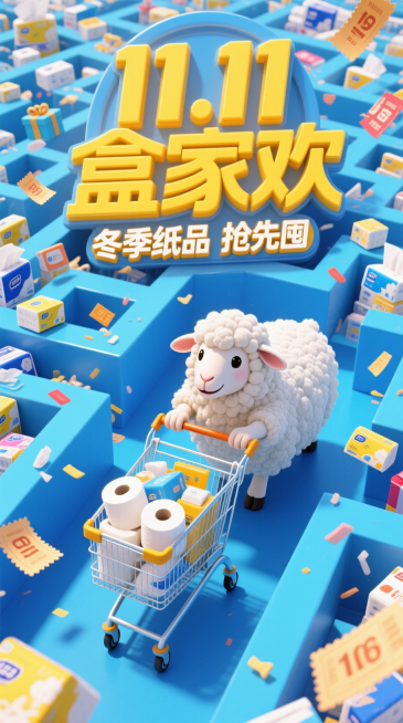 极致明亮的蓝色调画面中间一个拟人绵羊推着购物车，购物车里有卫生纸等家居用品，背后带有设计感的巨大的黄色主标"11.11 盒家欢"+副标“冬季纸品 抢先囤”，背景在抽纸商品堆积组成的巨大的迷宫中，纸品中预览效果