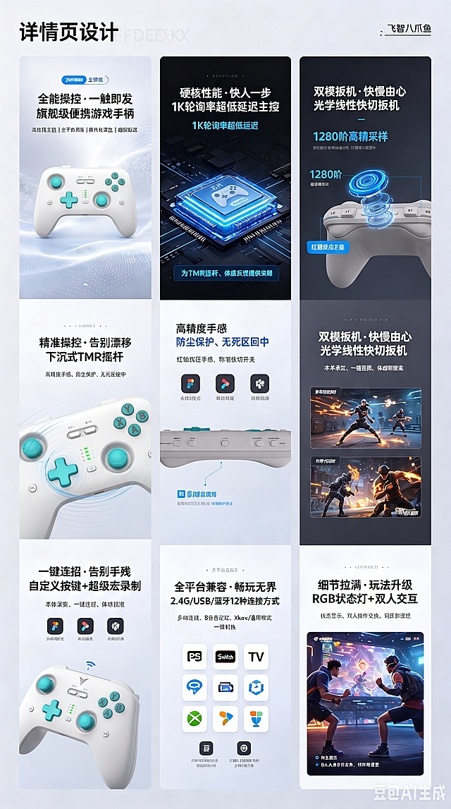 把第一张图中所有展示的游戏手柄产品全部替换成后面几张新游戏手柄的产品图，保留所有原有文字排版和文案内容，保证文字仍然清晰可见，保持整体设计布局和原图片风格一致