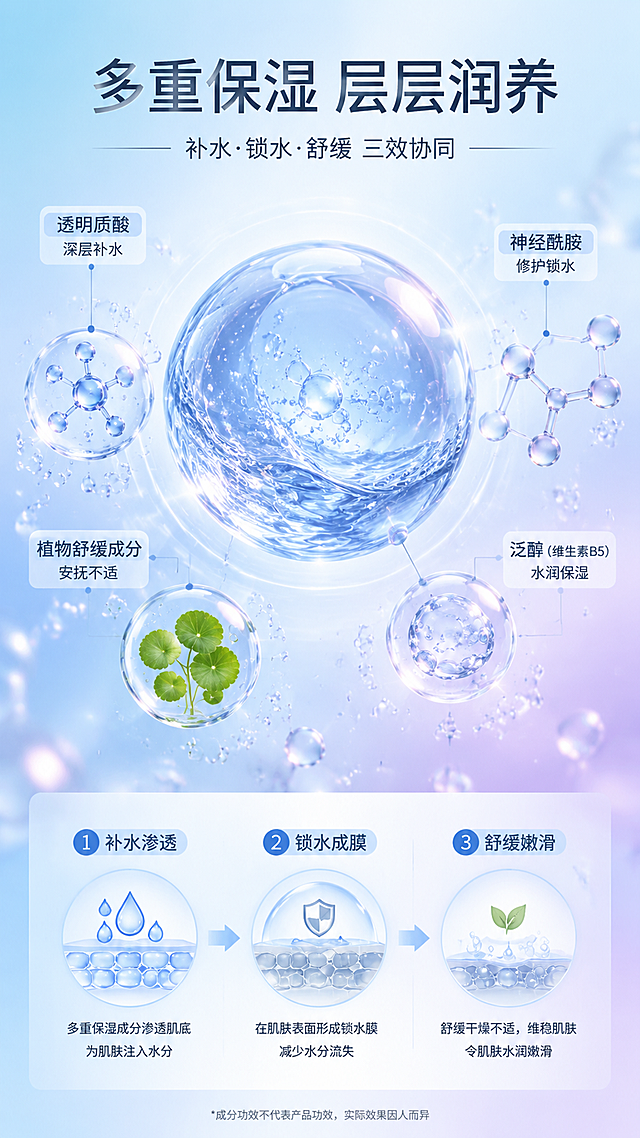 展示透明质酸、神经酰胺等成分的补水锁水功效，搭配分子结构与植物元素，呈现科学护肤理念，适合用于美容产品宣传推广