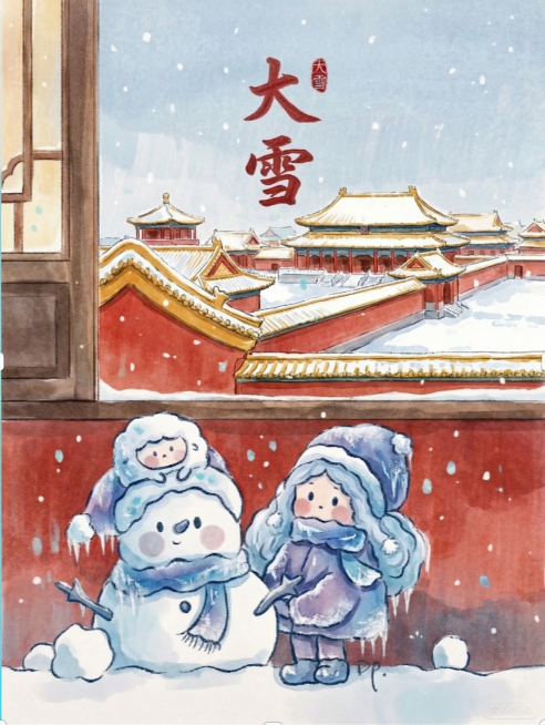 保持画面主体和所有元素形状位置不变，只将背景替换为红墙黄瓦的传统中式古建筑雪景预览效果