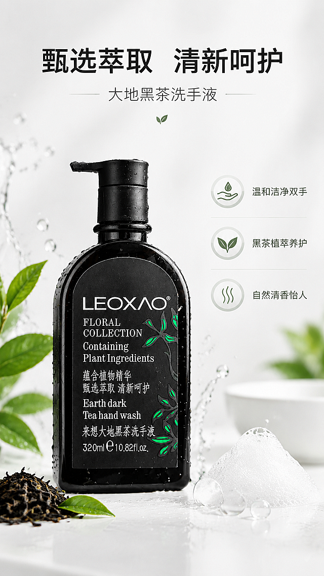 [商品] 使用【图3】洗手液单品；保留瓶身结构、黑色瓶身、按压泵头、LEOXAO品牌Logo、标签文字、绿色枝叶图案；产品正面微侧摆放。
[画面] 页面目标：洗手液单品卖点展示，突出手部清新呵护；构图：产品居中偏左，占画面约50%；景别：中近景；阅读动线：上方标题→中部产品→右侧卖点；前中后景：前景白色洗手台台面、中景洗手液瓶、后景纯白背景加柔和水花元素；场景：极简白色洗手台场景，搭配细腻泡沫和水滴点缀。
[视觉] 套系策略：风格=极简高级东方茶系商业摄影；标题字=现代简约无衬线粗体；正文字=纤细无衬线体；主色=纯净白；背景延展=基于纯白做浅灰渐变、细腻哑光质感和柔和明暗层次；强调色=深茶绿，仅用于小面积图标、引线和装饰元素；标题色=纯黑；正文色=深灰；组件=细线分割、极简图标、圆角浅灰信息卡；光影=前侧上方柔和漫射光，产品底部自然投影。
[文字] 上方主标题「甄选萃取 清新呵护」，副标题「大地黑茶洗手液」；右侧纵向排列3个卖点：温和洁净双手、黑茶植萃养护、自然清香怡人；文字均为横排，不遮挡产品主体和标签。
[规格] 图片比例9:16竖版，4K分辨率，负向提示：避免变形、错字、文字过小、产品颜色改变、瓶身文字错乱、杀菌消炎等医疗表述、冷蓝色调。