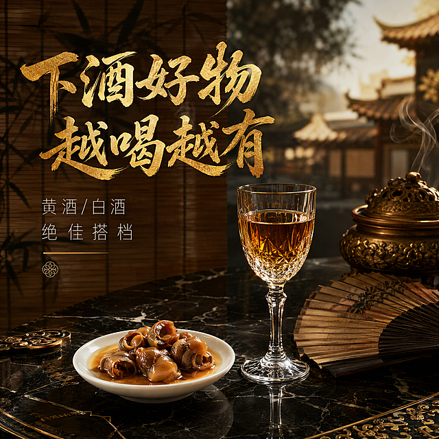 1:1比例，国潮新中式宫廷华贵风，轻奢高级质感。深色大理石纹理台面上，一只晶莹剔透的水晶高脚杯盛着琥珀色黄酒，酒液清澈有光泽，旁边精致白瓷小碟中摆放着几颗饱满油亮的黄泥螺，螺肉裹着琥珀色酱汁泛着光泽。画面点缀中式古典铜质小香炉、半开的折扇与竹帘剪影，远处隐约可见中式庭院飞檐轮廓，营造高雅商务休闲氛围。全图不出现产品包装罐体，极简高级构图。主标题"下酒好物 越喝越有"采用鎏金渐变金属质感书法字体，极具视觉冲击力，副标题"黄酒/白酒绝佳搭档"为纤细无衬线极简字体，疏密对比排版，整体呈现华贵典雅感，高级商业摄影，柔光，高清8K。