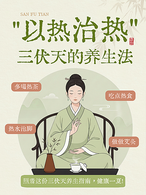 绿色三伏天中医养生健康科普国风插画小红书封面