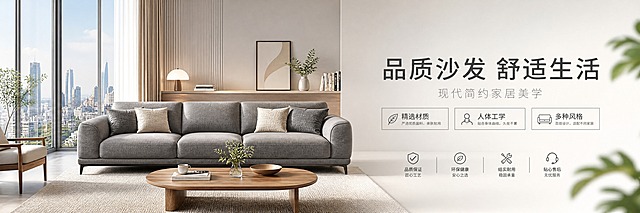 现代简约风格沙发家具首页店招横幅，超宽幅构图。画面中央偏左展示一组高级灰色布艺三人沙发，搭配米色抱枕，质感柔软舒适。背景为明亮的现代客厅场景，浅灰色墙面，大面积落地窗透进柔和自然光，窗外隐约可见城市天际线。右侧留白区域放置主标题文字："品质沙发 舒适生活"，字体简洁大气，深灰色；副标题："现代简约家居美学"，字体稍小，浅灰色。下方三个小标签："精选材质"、"人体工学"、"多种风格"，用细线方框装饰。整体色调以米白、浅灰、暖棕为主，干净通透，高级质感，商业摄影风格，光影柔和，层次分明，版式精美，留白充足，品牌主视觉调性。画面中所有信息区域必须填充完整合理的内容，不得出现空白框或待填写区域。
