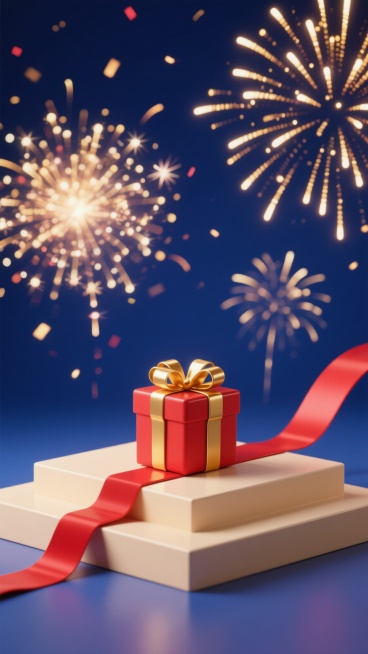 3D渲染风格电商促销海报，以深蓝色为背景主色调，点缀明亮的金色烟花图案，营造热烈欢快的节日促销氛围。画面底部有一个浅色展台，台上放置一个带金色蝴蝶结的礼品盒，红色丝带从礼品盒延伸至展台边缘，整体光影柔和，高光细节突出，色彩和谐统一，符合电商促销的视觉吸引力和节日庆祝感。预览效果