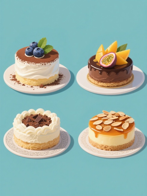一组四个不同甜点的系列素材集合，每个甜点都采用与原图一致的高写实美食插画风格，细腻的奶油质感表现，丰富的光影层次和柔和的高光效果，纯色背景但每个甜点背景颜色各不相同，整体画面色彩进行变换但保持风格不变，元素类目保持为甜点类，分别为：顶部装饰新鲜蓝莓和薄荷叶的蓝莓奶油蛋糕，表面撒有可可粉和点缀巧克力碎屑的巧克力慕斯蛋糕，装饰着切片芒果和 passion fruit 酱的热带水果蛋糕，以及铺满杏仁……预览效果
