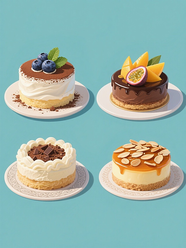 一组四个不同甜点的系列素材集合，每个甜点都采用与原图一致的高写实美食插画风格，细腻的奶油质感表现，丰富的光影层次和柔和的高光效果，纯色背景但每个甜点背景颜色各不相同，整体画面色彩进行变换但保持风格不变，元素类目保持为甜点类，分别为：顶部装饰新鲜蓝莓和薄荷叶的蓝莓奶油蛋糕，表面撒有可可粉和点缀巧克力碎屑的巧克力慕斯蛋糕，装饰着切片芒果和 passion fruit 酱的热带水果蛋糕，以及铺满杏仁片和焦糖酱的焦糖布丁蛋糕，所有甜点均放置在带有精致花纹的圆形蛋糕托盘上，四个甜点规整地排布在画面中，形成协调统一的系列感。