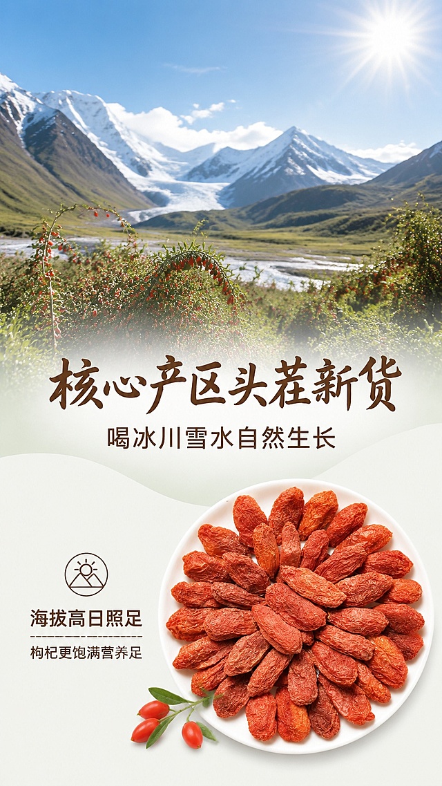 [第2屏] 产品产地优势展示，讲述高原圣果核心产区天然优势。本屏使用【图1】枸杞作为产品展示。
[氛围/风格] 自然原生风，开阔高原实景氛围感，通透自然光，真实摄影质感。
[元素布局] 画面上半部分放置高原实景图，展示高原日照充足、雪山冰川的自然环境，占比约50%；下半部分放置枸杞产品图，搭配标题卖点，枸杞实物占比约35%，整体层次分明，自然环境元素占满主视觉，突出产地优势。
[光影质感] 高原明亮自然光，整体光线通透清晰，产品区域光线柔和突出质感。
[配色色系] 全局底色 #EEF4F0；主色高原青绿色、枸杞红色；辅助色深棕色文字。
[视角构图] 上实景下产品的纵向构图，阅读动线从上到下，自然递进。
[文字版式] 标题放置在实景区域下方，卖点文字放置在产品图左侧，标题字体采用温润书法字体，正文字体采用圆角黑体，字色统一使用深棕色，不遮挡主体产品和核心场景，文字清晰可辨。主标题「核心产区头茬新货」，副标题「喝冰川雪水自然生长」，正文标注「海拔高日照足，枸杞更饱满营养足」。
[比例分辨率] 9:16竖版比例，4K分辨率，文字清晰可辨，高清画质。
[负向提示词] 产品变形，颜色偏差，文字错乱，文字过小，水印，场景杂乱，产品模糊