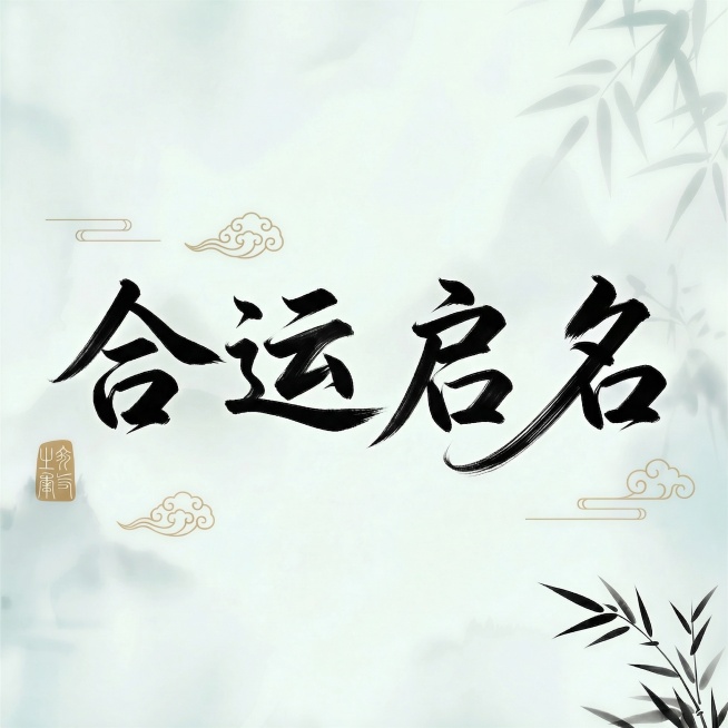 新中式国风书法艺术字图片，淡雅浅青水墨山水背景，点缀淡墨竹枝和金色祥云纹样，画面中央是四个黑色毛笔书法大字"合运启名"，左下方保留金色印章，整体风格雅致高级，和参考图构图风格一致预览效果