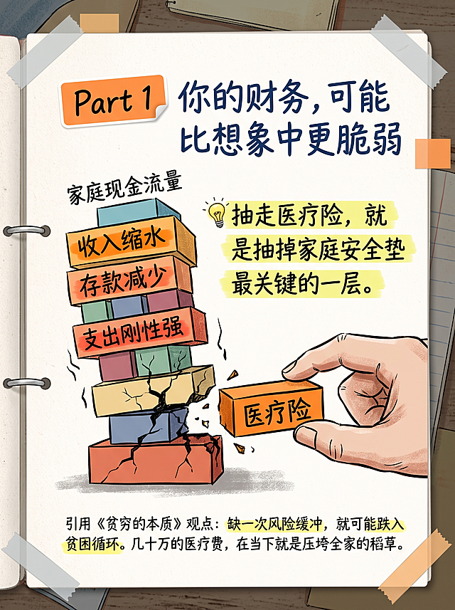 内容总结图风险篇，比例3:4，延续上一张风格，整体像摊开的「风险防御手册」，米白或浅卡其色纸张纹理笔记本内页背景，四角有淡淡的灰色或橙色便签纸胶带贴纸效果。标题处贴着橙色小标签，写着"Part 1"。标题文字是"你的财务，可能比想象中更脆弱"。视觉元素：左侧画了一个用积木搭起来的"家庭现金流"塔，积木上分别写着"收入缩水"、"存款减少"、"支出刚性强"。右侧一只手正准备抽掉底部最关键的积木，这块积木上写着"医疗险"，抽走后整个塔已经出现碎裂的裂纹。中间用荧光笔效果划出核心金句区，文字是"💡抽走医疗险，就是抽掉家庭安全垫最关键的一层。"。底部注释文字："引用《贫穷的本质》观点：缺一次风险缓冲，就可能跌入贫困循环。几十万的医疗费，在当下就是压垮全家的稻草。"。关键内容用橙色或深红色手写感粗体，像荧光笔划重点。画面中不出现具体保险公司名称或产品名称，不出现绝对化用语，仅做知识科普，整体风格和上一张保持一致。