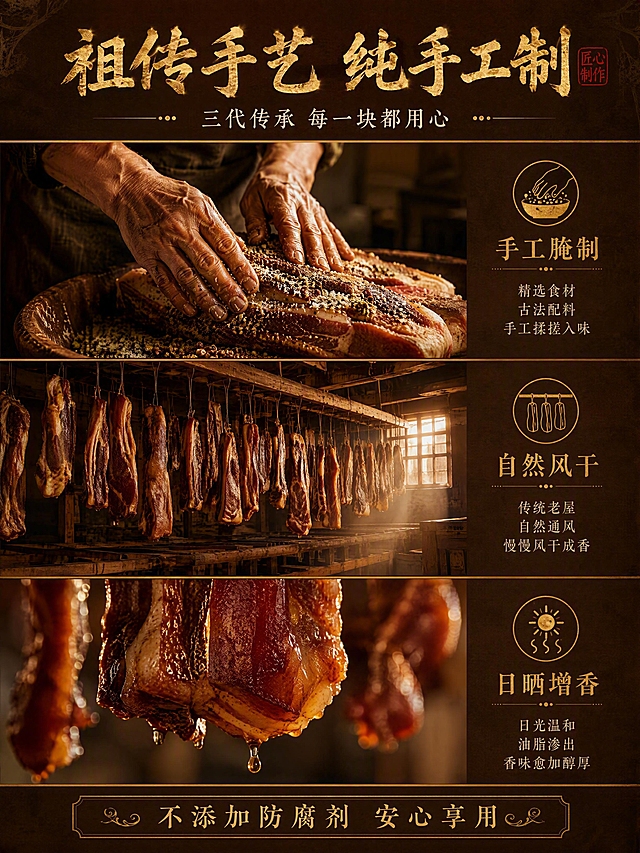 [第3张] 工艺传承-祖传手艺纯手工腌制风干流程展示。本张为工艺图文页，侧重传统制作技艺。
[氛围/风格] 传统匠人质感+怀旧烟火气，暖色调老作坊摄影风格。
[元素布局] 画面采用三图纵向拼接版式，上图为老匠人双手揉搓腌制腊肉，盐粒和香料均匀涂抹；中图为挂满腊肉的老作坊风干房，木梁上一排排腊肉自然垂挂，光影透过木窗洒入；下图为腊肉表面逐渐风干出油的特写。三图之间用细金线分隔。
[光影质感] 暖黄色调，侧光突出腊肉纹理和手部动作，木质结构质感厚重，整体氛围温暖怀旧。
[配色色系] 全局底色#3D2817深棕；主色暖金+酱肉红棕；辅助色木色、米白。
[视角构图] 纵向三段式构图，阅读动线从上至下依次浏览三道工艺，顶部标题区，底部总结区。
[文字版式] 顶部主标题「祖传手艺 纯手工制」，金色书法宋体；副标题「三代传承 每一块都用心」，米白色细宋；每段小图右侧配工艺名称「手工腌制」「自然风干」「日晒增香」，金色小字+图标；底部横条写「不添加防腐剂 安心享用」；字色统一金色+米白两种。
[比例分辨率] 3:4竖版比例，4K分辨率，文字清晰可辨，高清画质。
[负向提示词] 人物面部模糊，腊肉形态失真，文字错乱，水印，颜色偏差，画面杂乱，现代元素乱入。