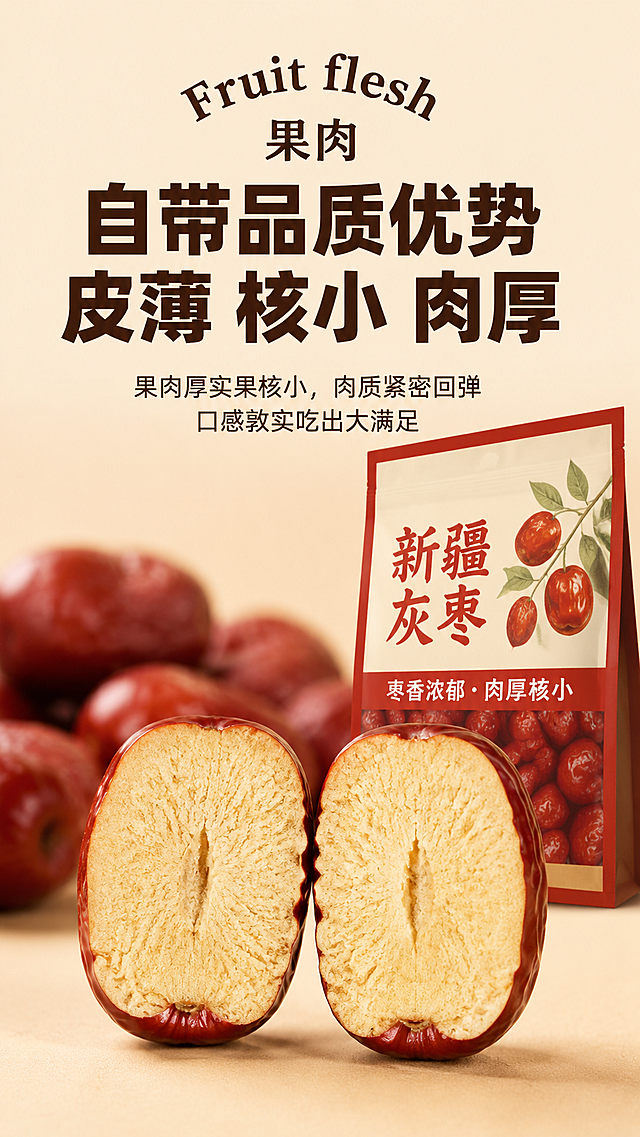 电商食品详情页竖版海报，米黄色纯色哑光背景，顶部弧形排列深棕色英文 "Fruit flesh"，中间是深棕色文字 "果肉"，下方是超大号深棕色粗体字 "自带品质优势 皮薄 核小 肉厚"，再下方是深棕色小字 "果肉厚实果核小，肉质紧密回弹 口感敦实吃出大满足"。画面右侧是红色边框的新疆灰枣包装袋，袋面无任何品牌 logo 和卡通形象，仅保留红枣图案和红色艺术字 "新疆灰枣" 及下方白色字 "枣香浓郁・肉厚核小"。前景是两颗对半切开的去核新疆灰枣，切面正对镜头，清晰展示厚实绵密的淡黄色果肉，背景是虚化的红枣堆营造层次感。整体色调温暖柔和，专业影棚漫射光，无硬阴影，高级质感，干净无多余元素，8K 超高清，300DPI，CMYK 印刷级