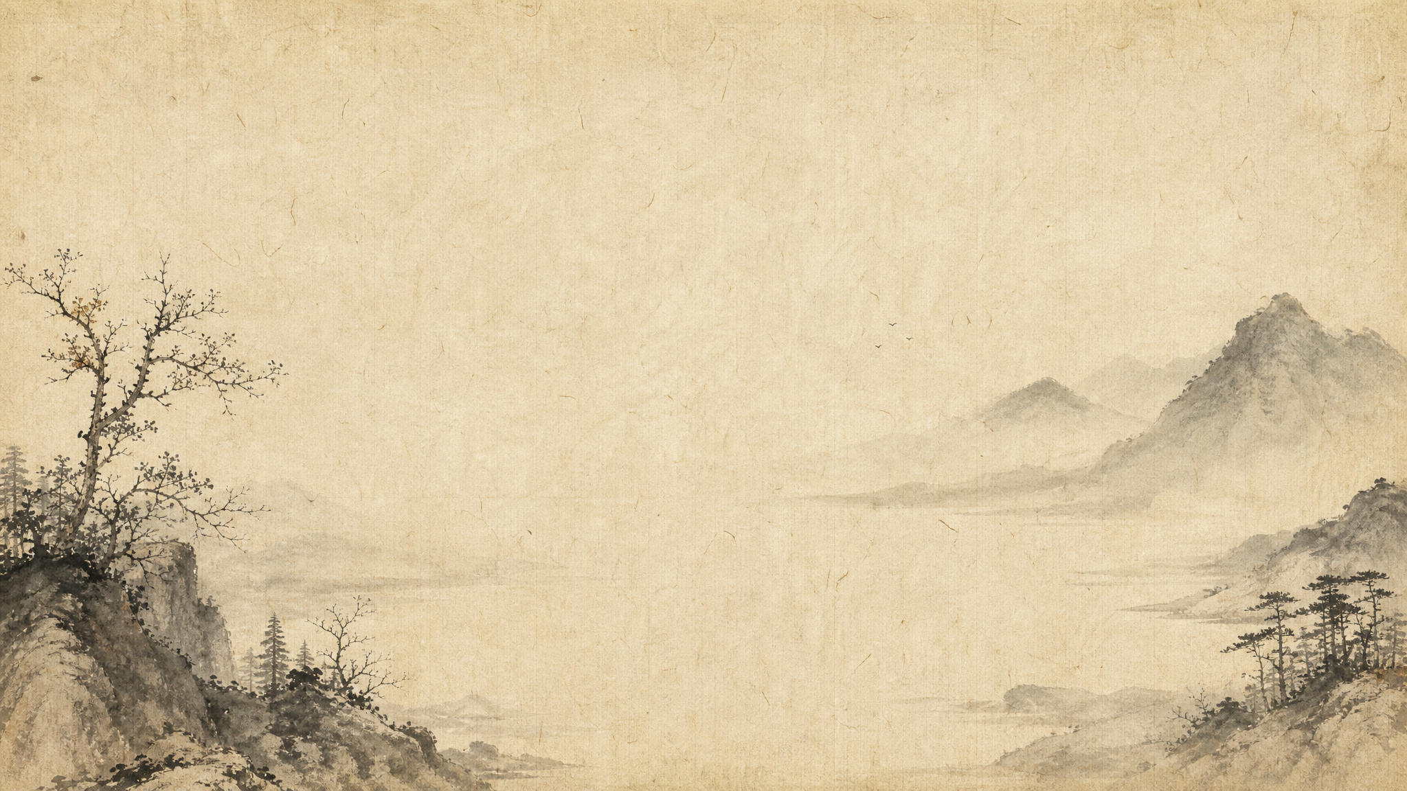 做旧黄宣纸纸质古风山水背景，淡雅水墨远山近树，自然纹理质感，留… - 图片创意预览