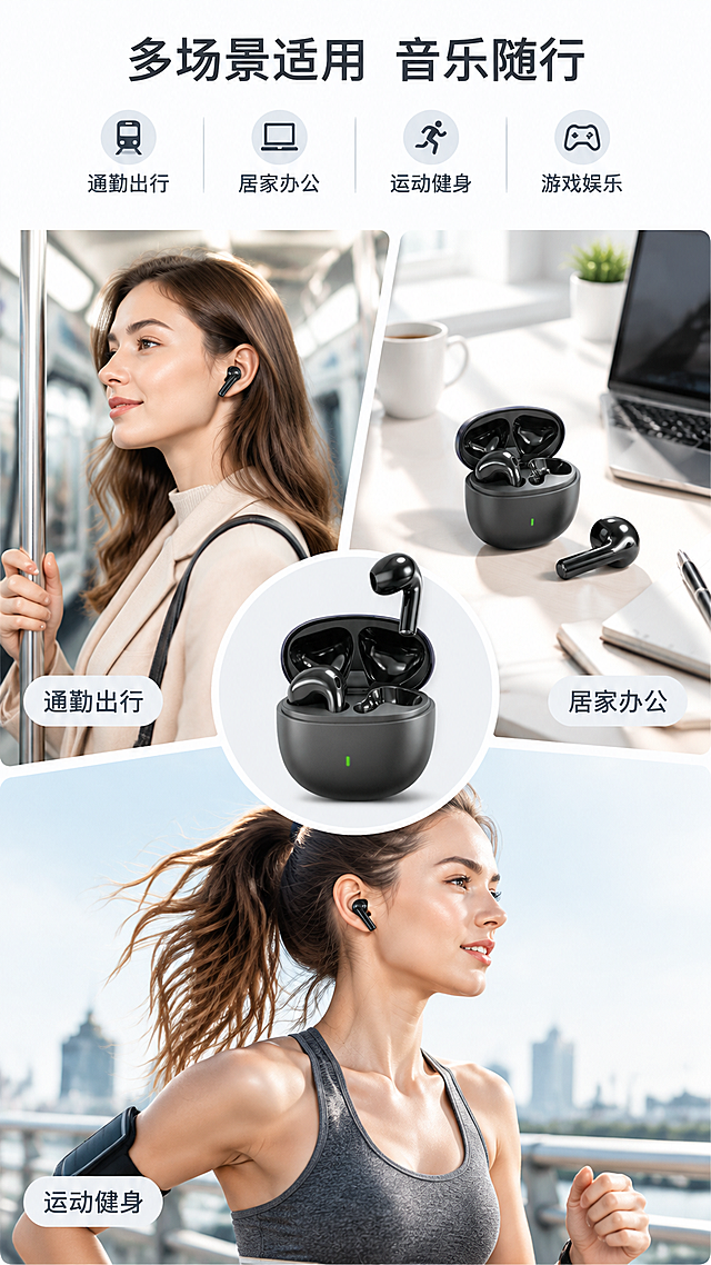 电商详情页第7屏（多场景适用）：真无线蓝牙耳机（降噪款）

[布局] 场景图+文字，9:16竖版。

[主体] 多场景拼贴展示，明亮干净，白色调为主：
1. 通勤地铁场景 - 佩戴耳机听音乐，简约现代
2. 居家办公场景 - 耳机放在桌上，旁边有笔记本电脑
3. 运动健身场景 - 佩戴耳机运动，活力感
耳机外观与输入图完全一致。

[文字] 顶部标题："多场景适用 音乐随行"
下方四个小图标横向排列："通勤出行"、"居家办公"、"运动健身"、"游戏娱乐"。

[背景] 浅色场景拼贴，明亮干净，白色调为主。

[风格] 白色极简高端风格，Octane渲染质感，柔和自然光，细腻材质，超高细节，4K画质，全中文文案。

[负向提示词] 极限词，虚假宣传，水印，平台logo，站外引流，英文，产品变形，场景太暗。