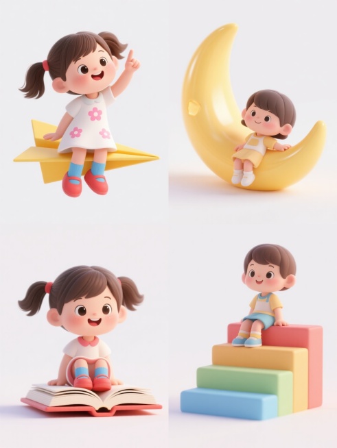 Q版可爱卡通风格儿童系列素材套系，4个不同场景，每个场景中都有一个Q版儿童坐在不同物品上。第一个场景：一个扎着双马尾的小女孩，穿着带有粉色花朵图案的白色连衣裙，蓝色袜子配红色小皮鞋，正开心地坐在黄色纸飞机上，右手举起食指指向天空，眼睛看向手指方向，表情天真可爱，整体呈现出圆润的3D立体效果，色彩明快柔和，边缘光滑无棱角，背景为纯白色。第二个场景：一个Q版儿童坐在一本打开的彩色书本上，书本有明显……预览效果
