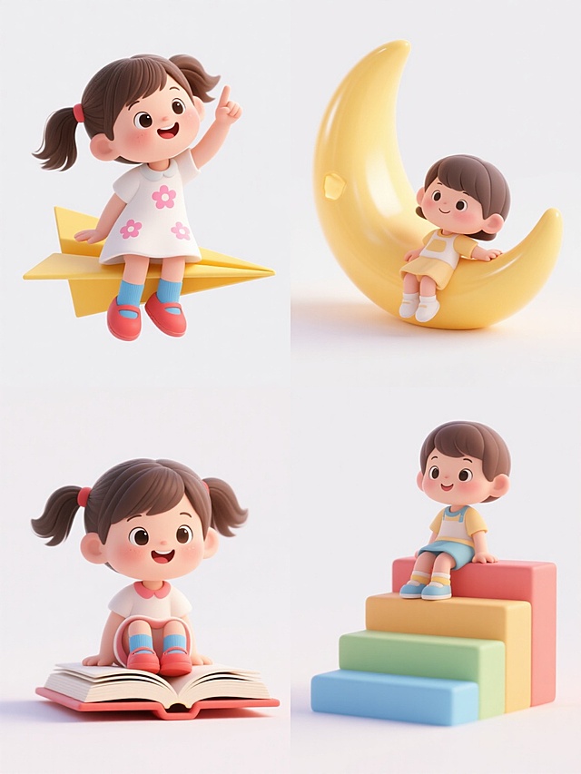 Q版可爱卡通风格儿童系列素材套系，4个不同场景，每个场景中都有一个Q版儿童坐在不同物品上。第一个场景：一个扎着双马尾的小女孩，穿着带有粉色花朵图案的白色连衣裙，蓝色袜子配红色小皮鞋，正开心地坐在黄色纸飞机上，右手举起食指指向天空，眼睛看向手指方向，表情天真可爱，整体呈现出圆润的3D立体效果，色彩明快柔和，边缘光滑无棱角，背景为纯白色。第二个场景：一个Q版儿童坐在一本打开的彩色书本上，书本有明显的书页层次感，儿童穿着与第一个场景风格统一的可爱服饰，表情愉悦，姿态自然。第三个场景：一个Q版儿童坐在弯弯的黄色月亮上，月亮表面有柔和的光泽感，儿童或躺或坐，姿态舒适惬意，服饰保持Q版可爱风格。第四个场景：一个Q版儿童坐在几级彩色的台阶上，台阶有立体感，儿童坐在台阶中间或最上层，表情活泼，整体风格与前三个场景统一，色彩搭配协调，所有场景均无LOGO、电话地址及二维码。