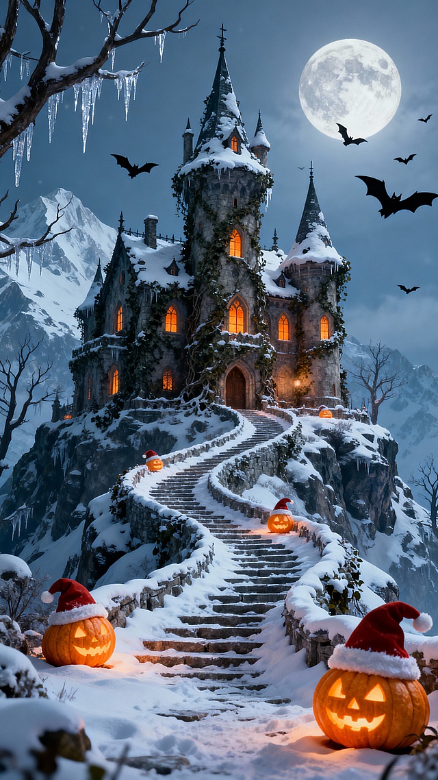 哥特风格城堡矗立雪峰之巅，月光与南瓜灯交织出梦幻神秘氛围，圣诞帽点缀万圣元素，3D重拟物风呈现油画质感，光影流动间诉说冬夜童话。