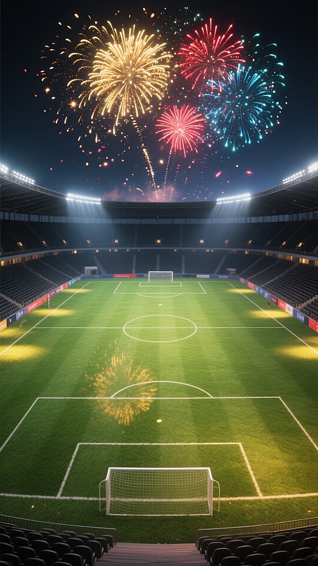 足球场打竖俯视图，没有人踢球，时间是晚上，天空有烟花
