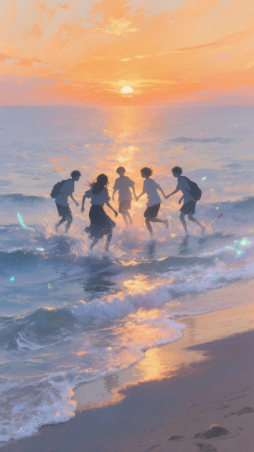 一群在海边嬉戏的伙伴，人物位于画面中央，海水和天空占据大部分空间，露出一部分沙滩，橘黄色夕阳映照出剪影效果。斑驳梦幻光影，呼吸感，梦核，流光溢彩，极致光影美学预览效果