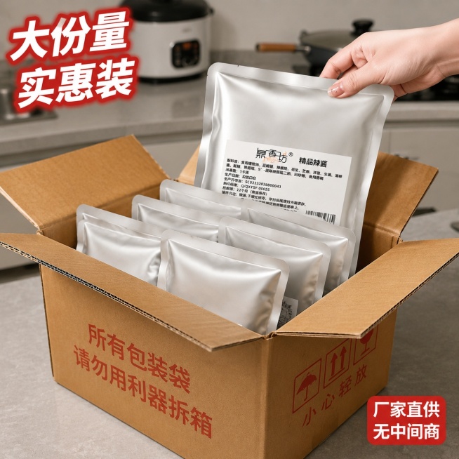 [主图4] 场景体验｜家庭囤货刚需感
[氛围风格] 真实厨房场景+整箱开箱动线，突出“整箱装1kg×5袋”的囤货价值与便捷性。
[画质] 实拍级生活感，地面瓷砖反光自然, 纸箱封口胶带细节真实，袋装辣预览效果