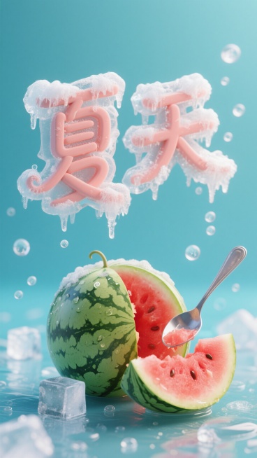 文字“夏天”，字体要曲线灵动，有被冰霜冻住，半个西瓜，夏天清凉的感觉，一个勺子挖在半个西瓜里面。西瓜里面的已经被吃掉一些了，背景很清爽，旁边有一些水珠和冰块，细节丰富，大师摄影，高级排版，高清。预览效果